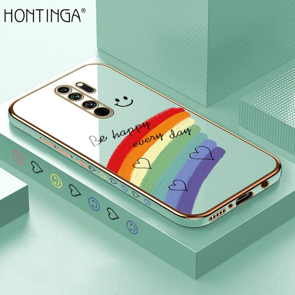 Hontinga for Redmi Note 8 Pro Back Cover + Free Lanyard Luxury 6D Plating Cartoon Rainbow Side Pattern Caese Soft Silicone Square Phone Cases