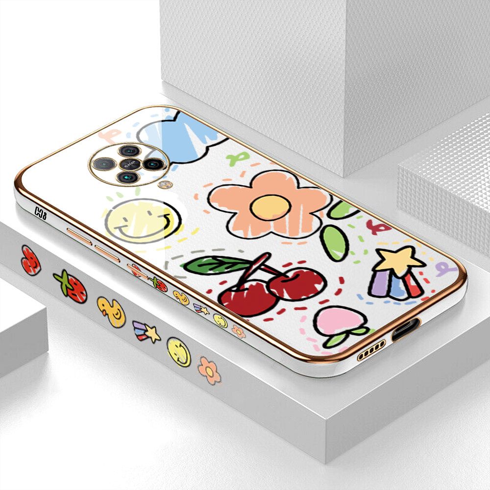 Luxury 6D Plating Case for Redmi K30 Pro Color Cartoon cherry Peach Side Pattern Back Cover Soft Silicone Square Frame Shiny Bling Phone Cases + Free Lanyard