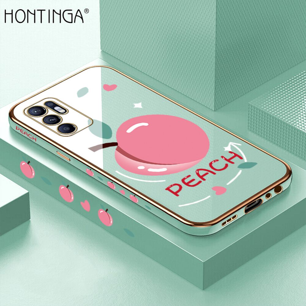 Hontinga for OPPO Reno6 Back Cover + Free Lanyard Luxury 6D Plating Cartoon Simple Peach Side Pattern Case Soft Silicone Square Mobile Cover