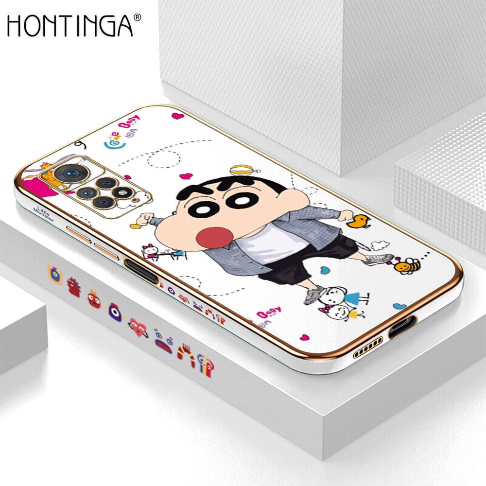 Hontinga for Redmi Note 11 Pro 5G/4G Back Cover + Free Lanyard Luxury 6D Plating Cartoon Crayon Shin-chan Side Pattern Case Soft Silicone Square Phone Cases