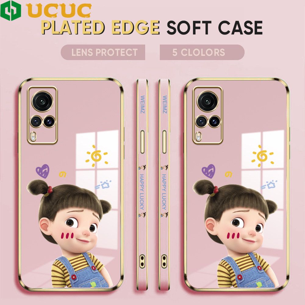 UCUC for Vivo X60 Back Cover + Free Lanyard Lovely Girl Luxury 6D Plating Case Side Pattern Soft Silicone Square Phone Cases