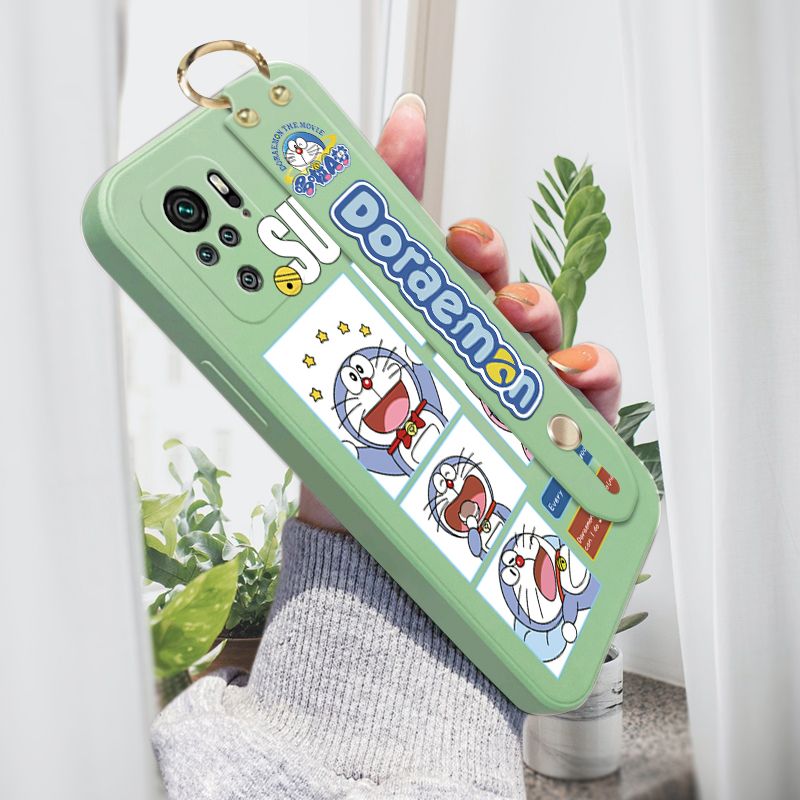 Jizetin for Redmi Note 10 4G / Redmi Note 10S Wrist Strap Case Creative Cartoon Doraemon's Daily Life Cover Ultra Thin Anti Fall Liquid Silicone Phone Case