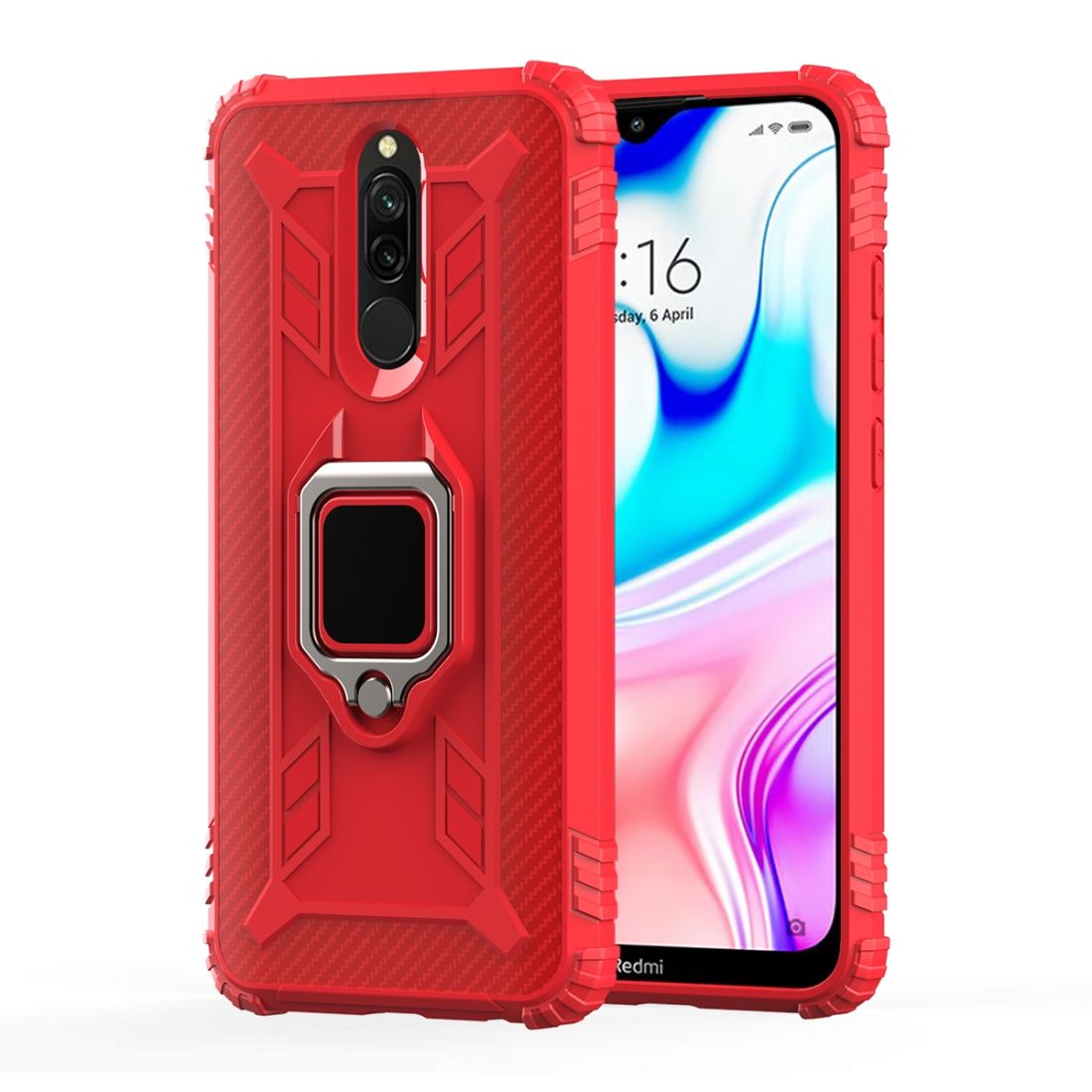 （Ready Stock)For Xiaomi Redmi 8A / 8A Dual Carbon Fiber Protective Case with 360 Degree Rotating Ring Holder(Red)