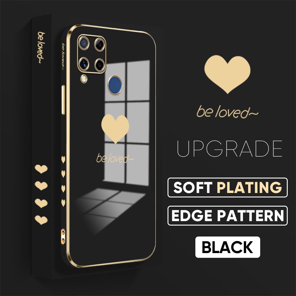 TA for Realme C15 / Realme C15 Qualcomm Edition Back Cover + Free Lanyard Simple Love Luxury 6D Plating Case Side Pattern Soft Silicone Square Phone Cases