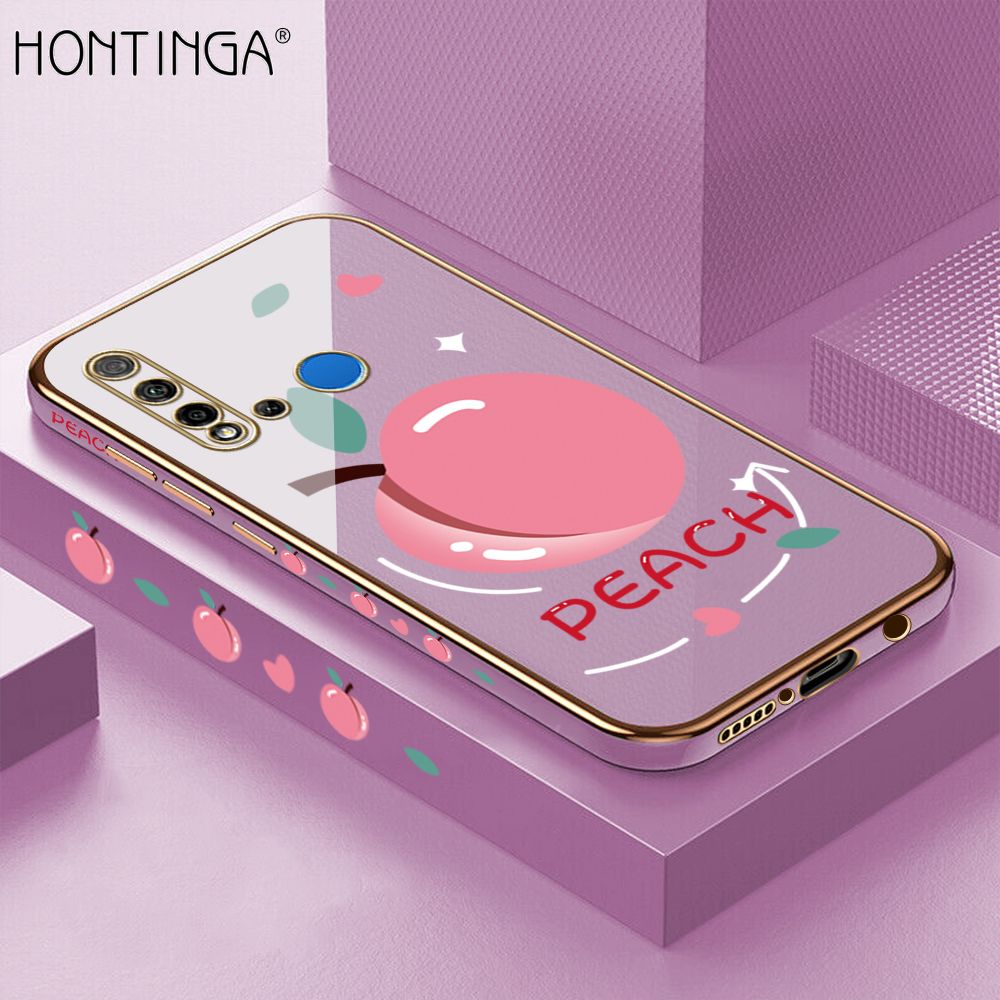 Hontinga for Huawei Nova 5I Case Luxury 6D Plating Cartoon Simple Peach Side Pattern Soft Back Cover Silicone Square Phone Cases