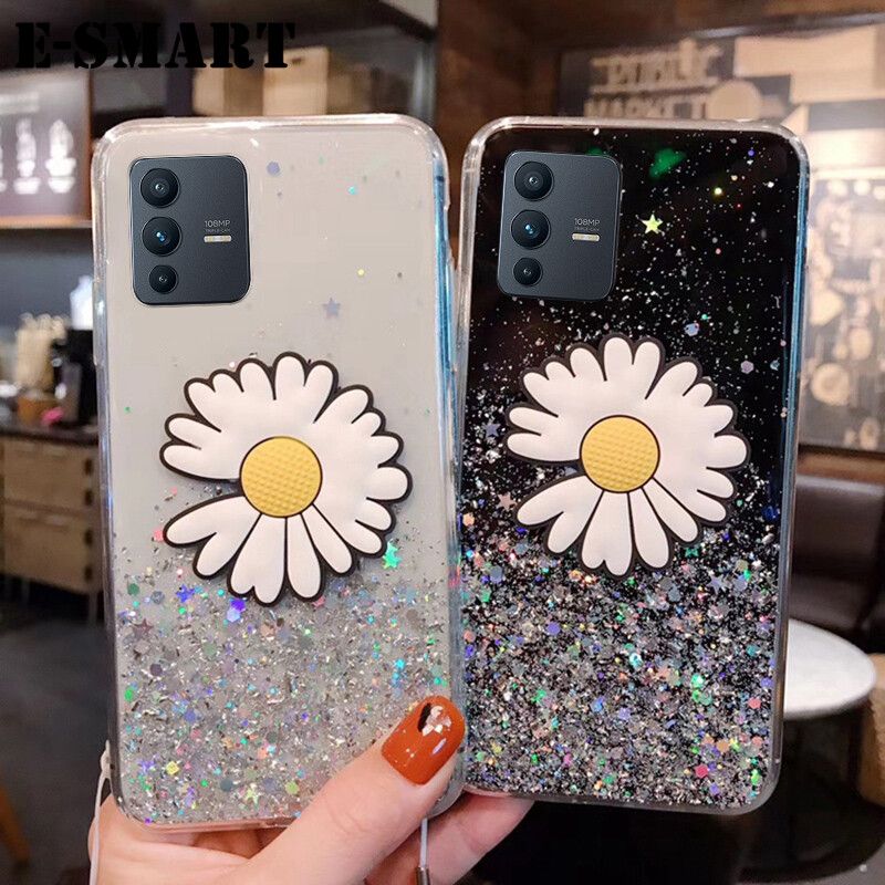 Phone Case VIVO V23 Transparent Bling Glitter Cases Soft Clear Shining Sequin Back Cover with Daisy Flowers Folding VIVO V23 Case