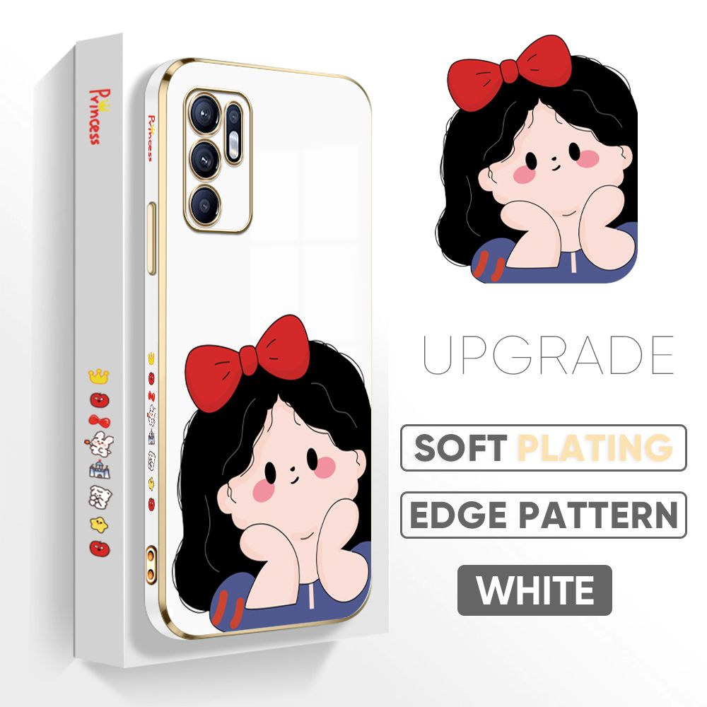 TA for OPPO Reno6 Back Cover + Free Lanyard Cute Princess Luxury 6D Plating Case Side Pattern Soft Silicone Square Phone Cases