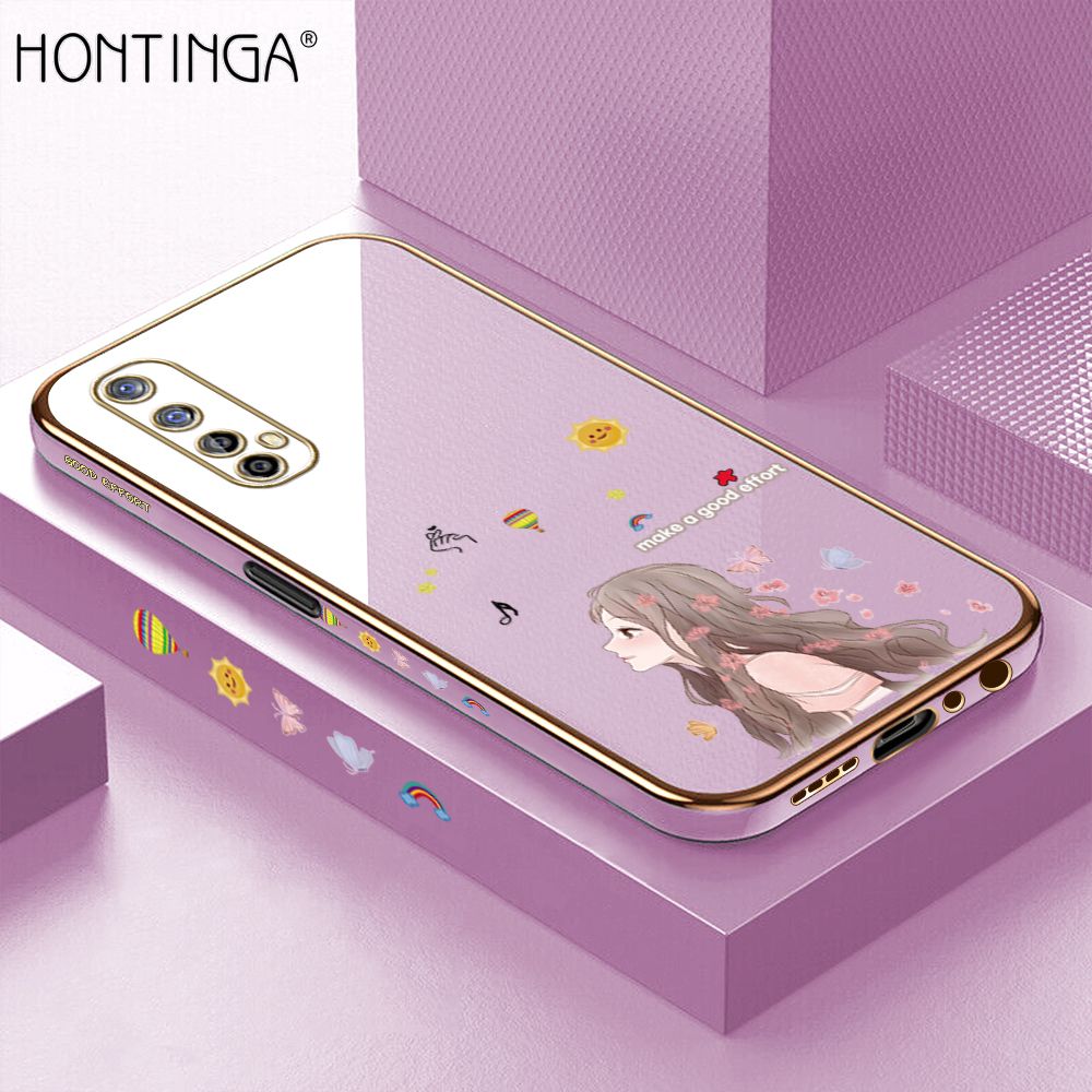 Hontinga for Realme 7 / Narzo 20 Pro Back Cover + Free Lanyard Luxury 6D Plating Sunshine Girl Side Pattern Case Soft Silicone Square Phone Cases