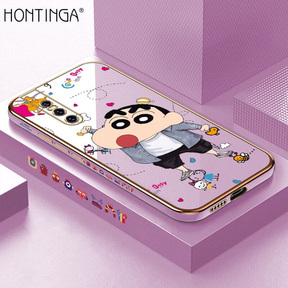 Hontinga for Vivo V15 Pro Back Cover + Free Lanyard Luxury 6D Plating Cartoon Crayon Shin-chan Side Pattern Case Soft Silicone Square Phone Cases