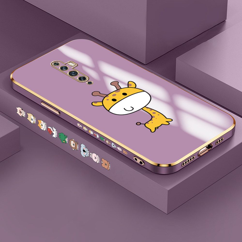 Jizetin (Free Lanyard) OPPO Reno2 F / Reno2 Z Case Cute Cartoon Big Head Giraffe Luxury 6D Plating Soft Casing Silicone Ultra Thin Phone Cover