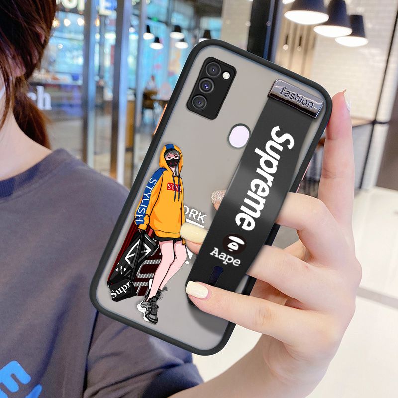 UCUC for Samsung Galaxy M21 Wrist Strap Case Creative Cartoon Handsome Girl Wristband Printing Cover Shockproof Frosted Phone Case