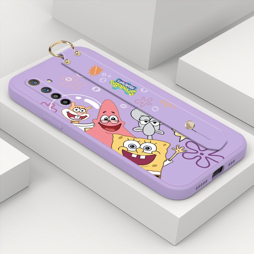 ZeroQiQi for Realme XT Wrist Strap Case Cute Cute Funny Cartoon Sponge for Square Pants Cover Square Edge Liquid Silicone Anti-drop Phone Case