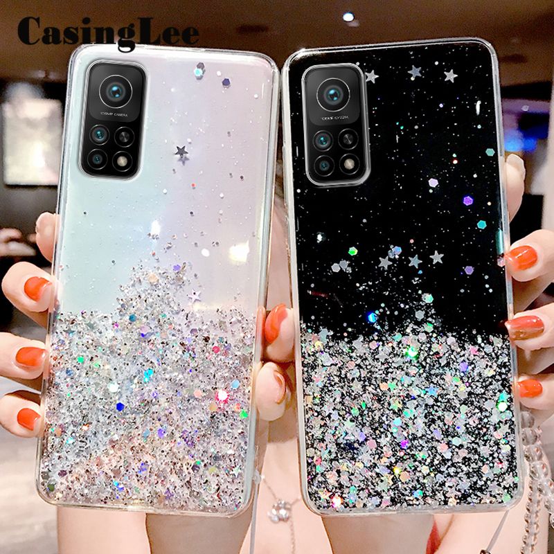 Casinglee For Mi 10T Pro case Full Stars Moon Glitter Bling Sequins Cases for Xiaomi Mi 10T Pro Phone Cover Starry Sky Transparent Soft Back Cover