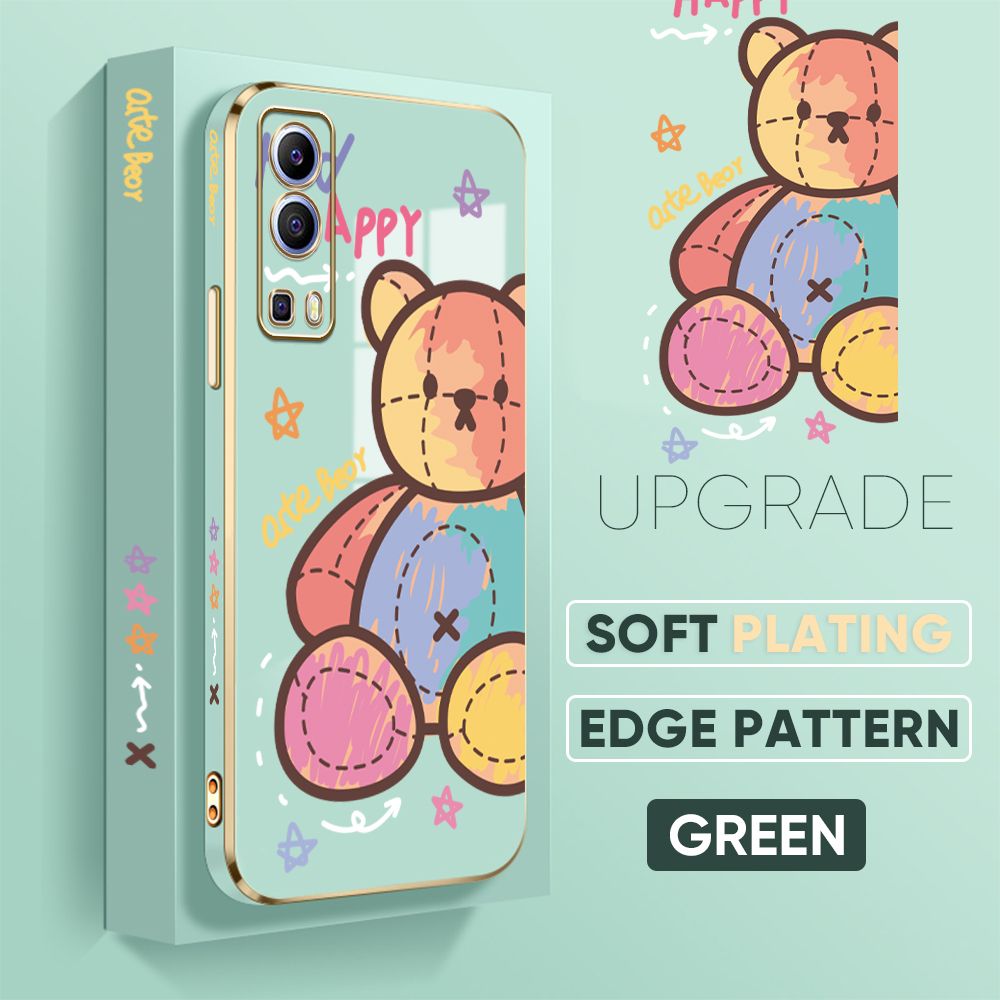 Jizetin (Free Lanyard) Vivo Y52 5G / Y72 5G Cover Color Doll Luxury 6D Plating Soft Casing Silicone Square Frame Phone Case Shiny Bling Back Cover