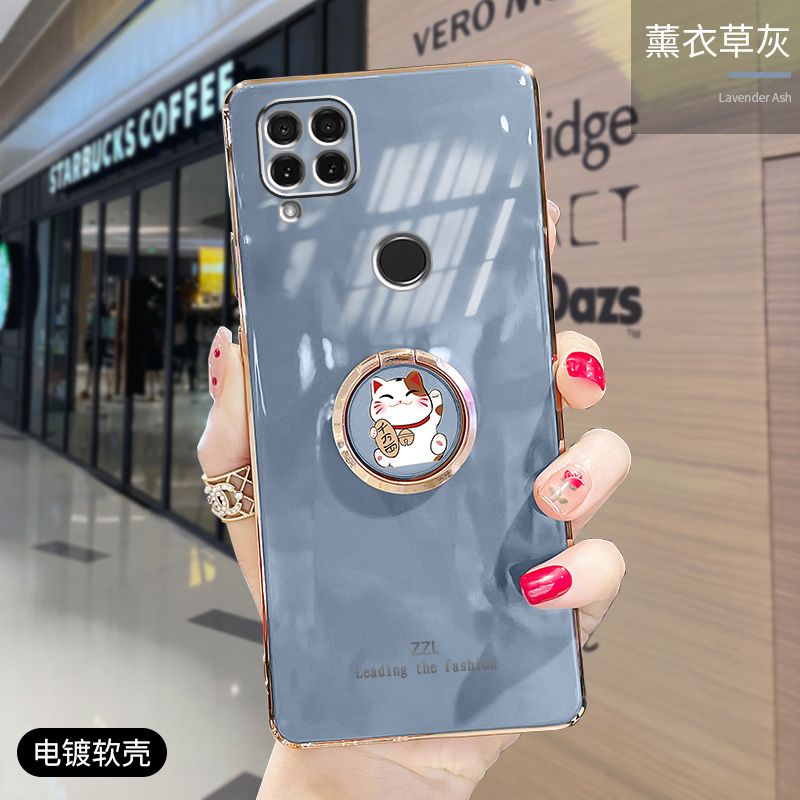 For Realme C15 Cover + Ring Holder Stand Shiny Plating Square Bumper Phone Case Lens Protection Soft Silicone Shockproof Protective Back Cover