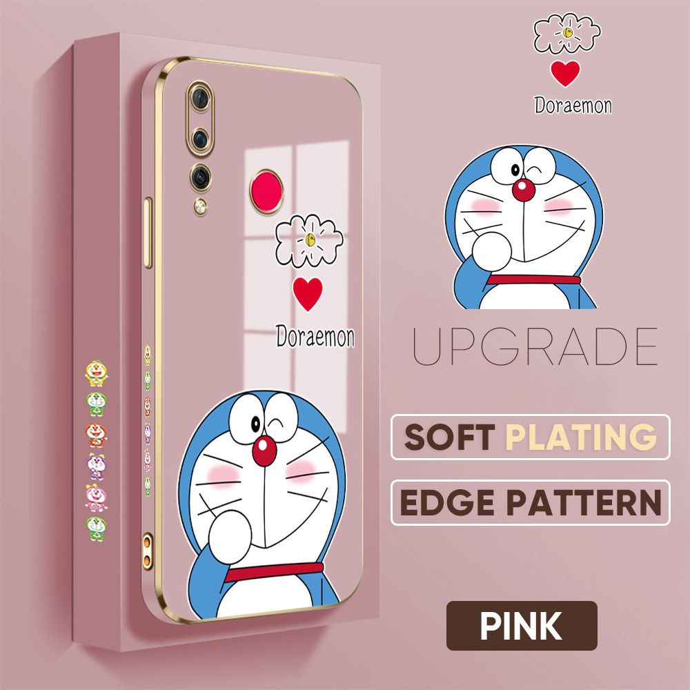 UCUC for Huawei Nova 4 Back Cover + Free Lanyard Sneak Doraemon Luxury 6D Plating Case Side Pattern Soft Silicone Square Phone Cases