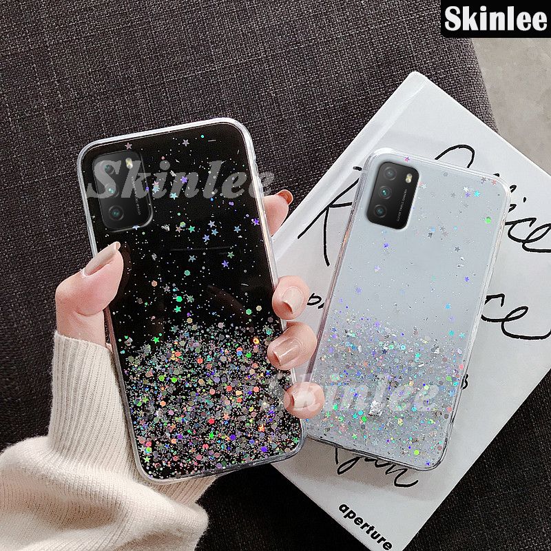 Skinlee for OPPO A16 Full Stars Moon Glitter Bling Sequins Case for OPPO A16 Starry Sky Transparent Soft Cases Cover Back Cover