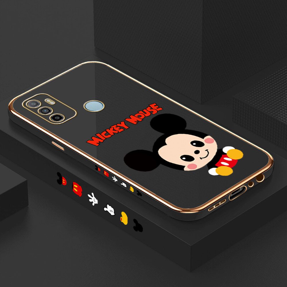Luxury 6D Plating Case for OPPO A33 2020 Cute Cartoon Mouse Side Pattern Back Cover Soft Silicone Square Frame Shiny Bling Phone Cases + Free Lanyard