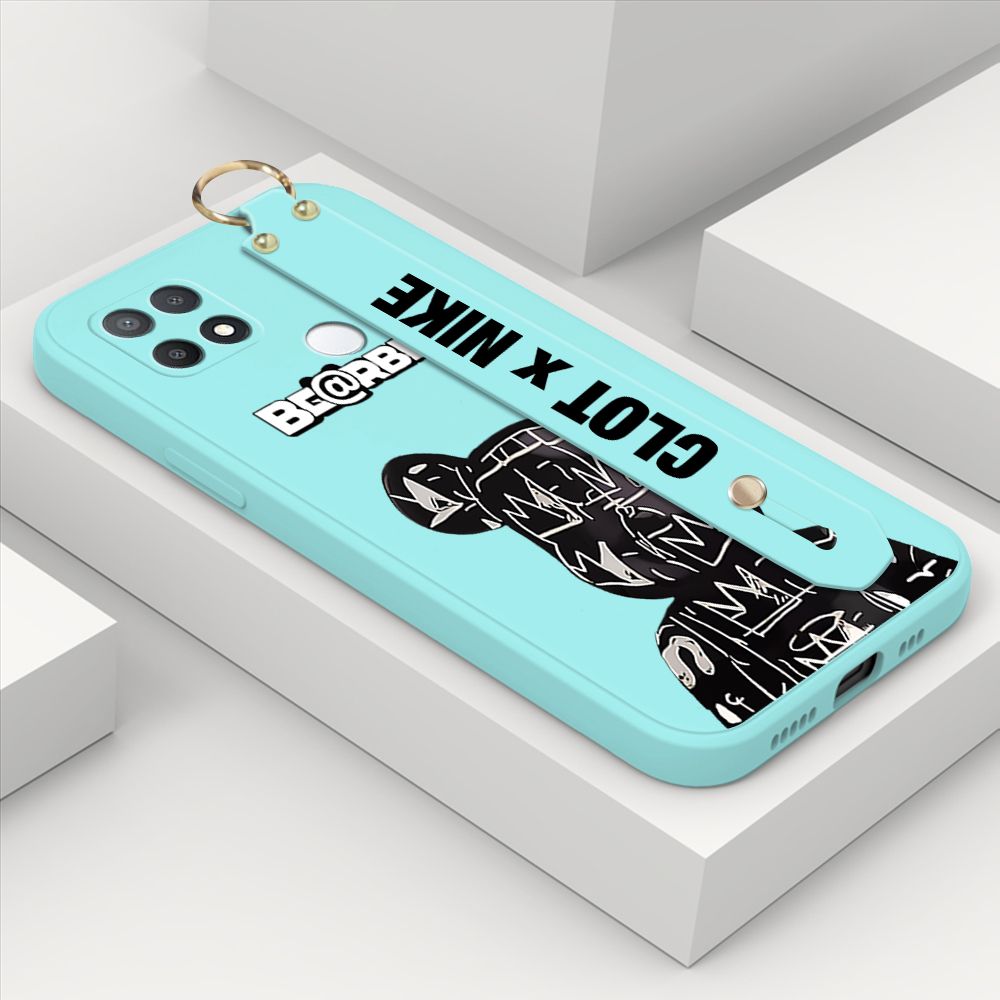 ZeroQiQi for OPPO A15S Wrist Strap Case Fashion Black Brand Bear Phone Case Square Edge Liquid Silicone Cases Full Cover Camera Shockproof Protection Cases