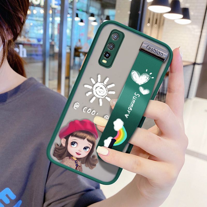 UCUC for Vivo Y51S Wrist Strap Case Lovely Cartoon Red Hat Girl Wristband Printing Cover Shockproof Frosted Phone Case