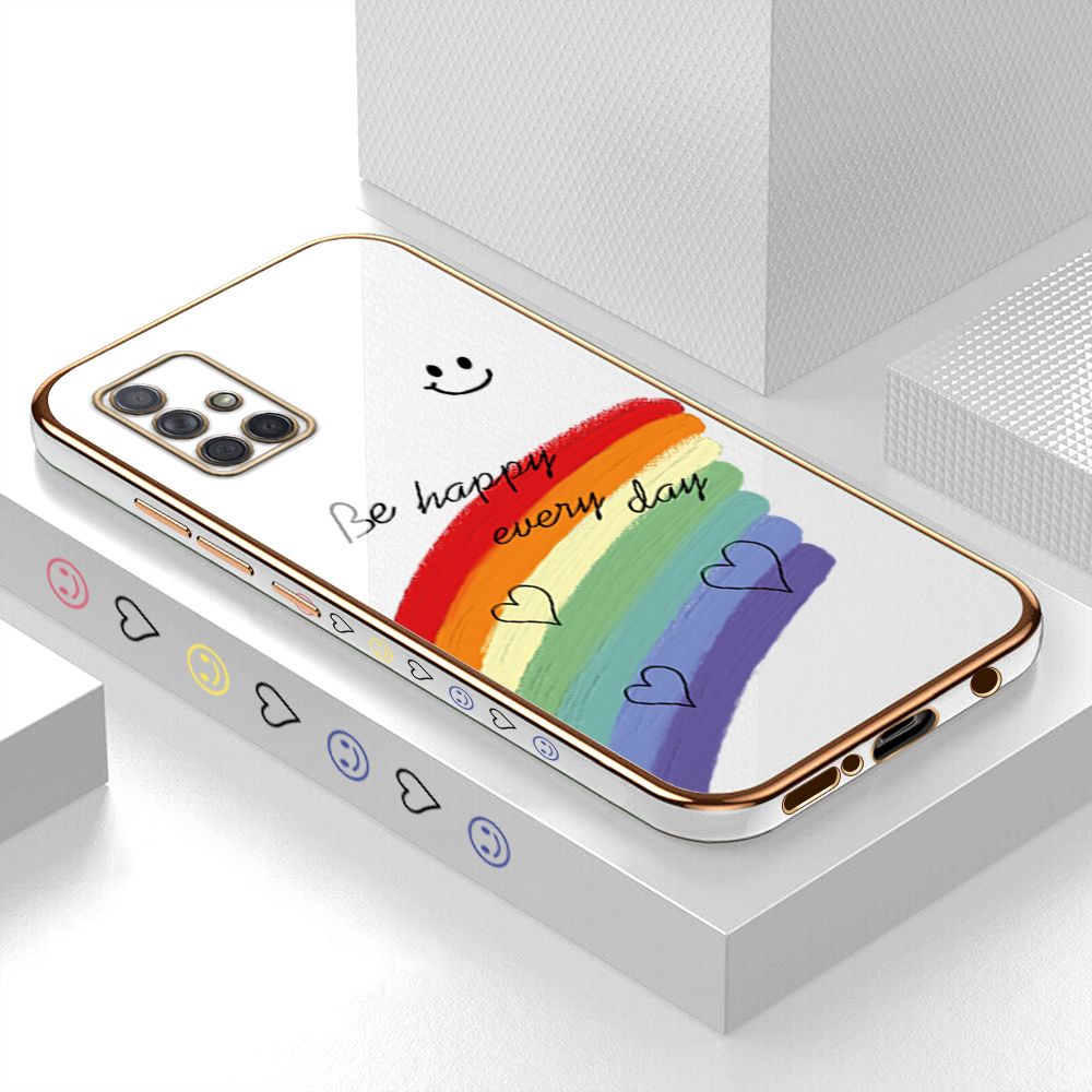 Luxury 6D Plating Case for Samsung A71 Smile Rainbow Side Pattern Back Cover Soft Silicone Square Phone Cases + Free Lanyard