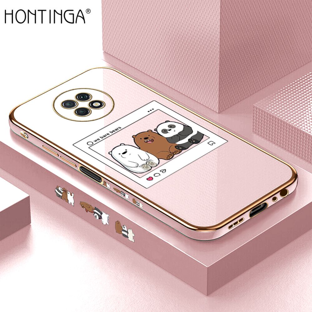 Hontinga for Xiaomi Redmi Note 9T Back Cover + Free Lanyard Luxury 6D Plating Photo three bears Side Pattern Case Soft Silicone Square Mobile Cover
