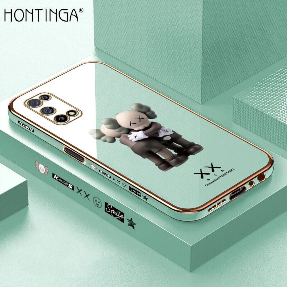 Hontinga for Realme 7 5G Back Cover + Free Lanyard Luxury 6D Plating Cartoon Hug bear Side Pattern Case Soft Silicone Square Mobile Cover