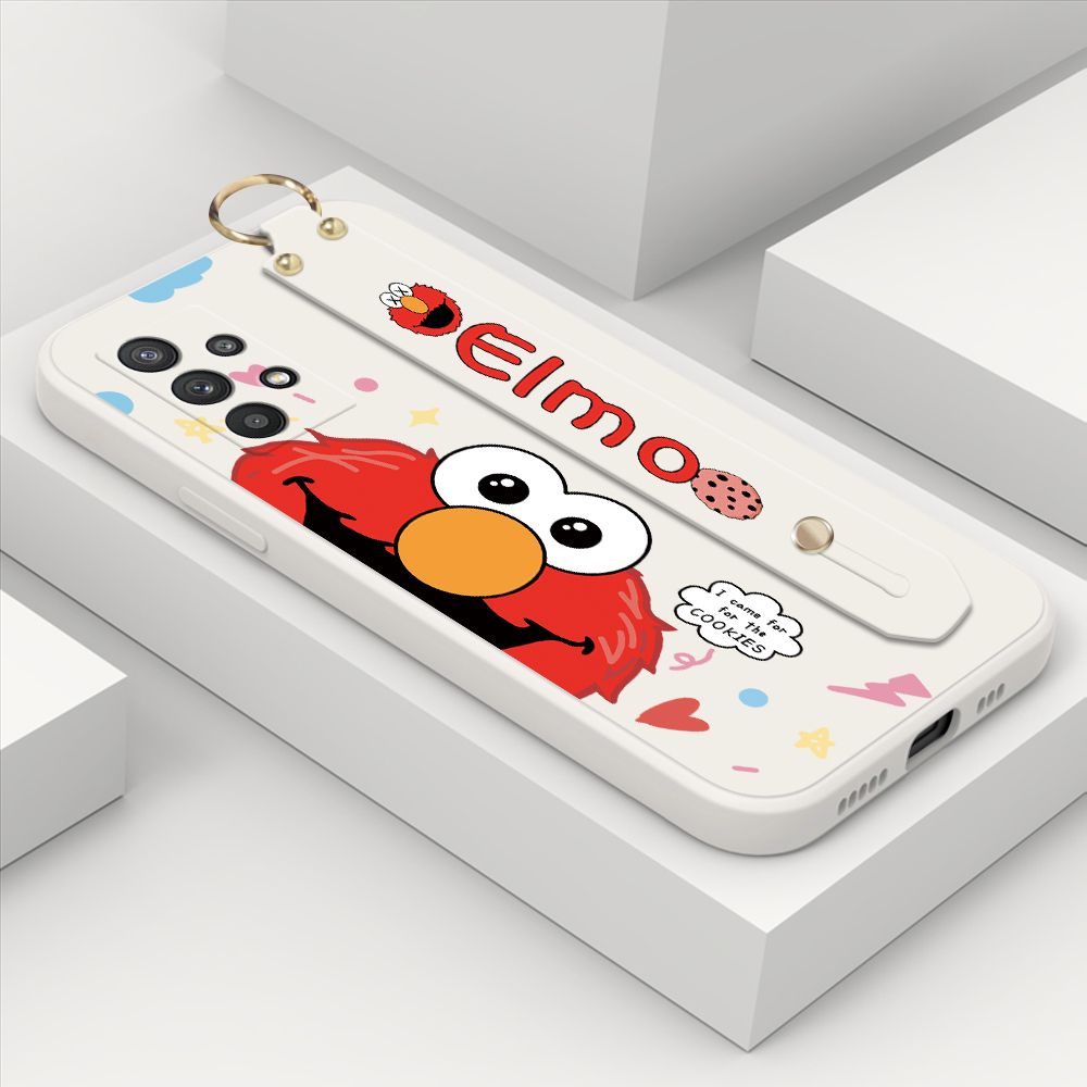 ZeroQiQi for Samsung Galaxy A32 Wrist Strap Case Cute Cute Cartoon Little Monster Phone Cover Square Edge Liquid Silicone Case Full Cover Camera Shockproof Protective Cases
