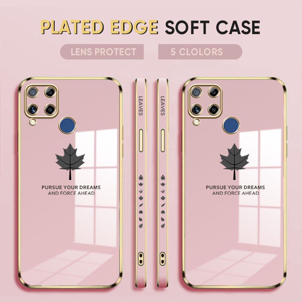 Luxury 6D Plating Case for Realme C15 Phone Cases Maple Leaf Side Print Soft Silicone Square Back Cover