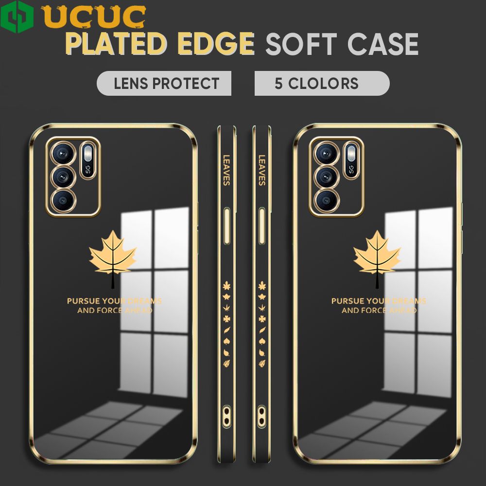 UCUC for OPPO Reno6 Z 5G Back Cover + Free Lanyard Maple Leaf Luxury 6D Plating Case Side Pattern Soft Silicone Square Phone Cases