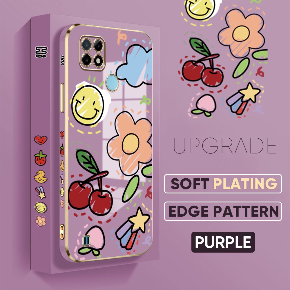 TA for Realme C25Y / Realme C21Y Back Cover + Free Lanyard Colorful Fruit Painting Luxury 6D Plating Case Side Pattern Soft Silicone Square Phone Cases