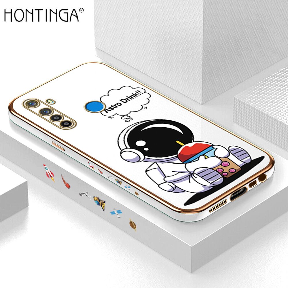Hontinga for Realme 5 5I 5S 6I Back Cover + Free Lanyard Luxury 6D Plating Cartoon Happy Astronaut Side Pattern Case Soft Silicone Square Mobile Cover