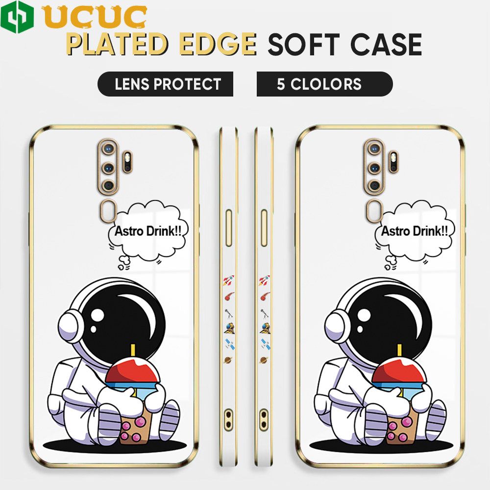 UCUC for OPPO A9 2020 A5 2020 Back Cover + Free Lanyard Cute Astronaut Luxury 6D Plating Case Side Pattern Soft Silicone Square Phone Cases