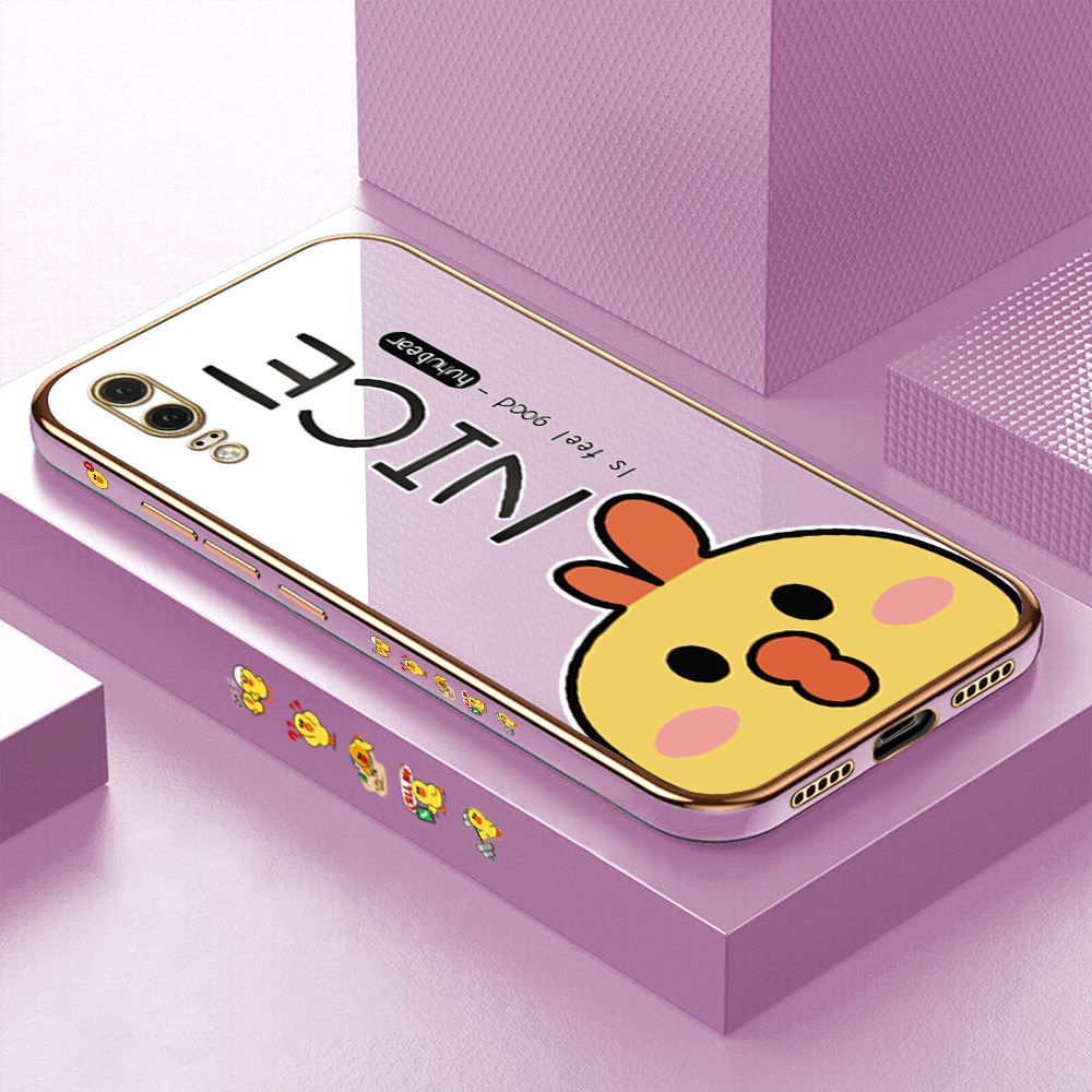 Luxury 6D Plating Case for Huawei P20 Cute Cartoon Chicken Side Pattern Back Cover Soft Silicone Square Frame Shiny Bling Phone Cases + Free Lanyard