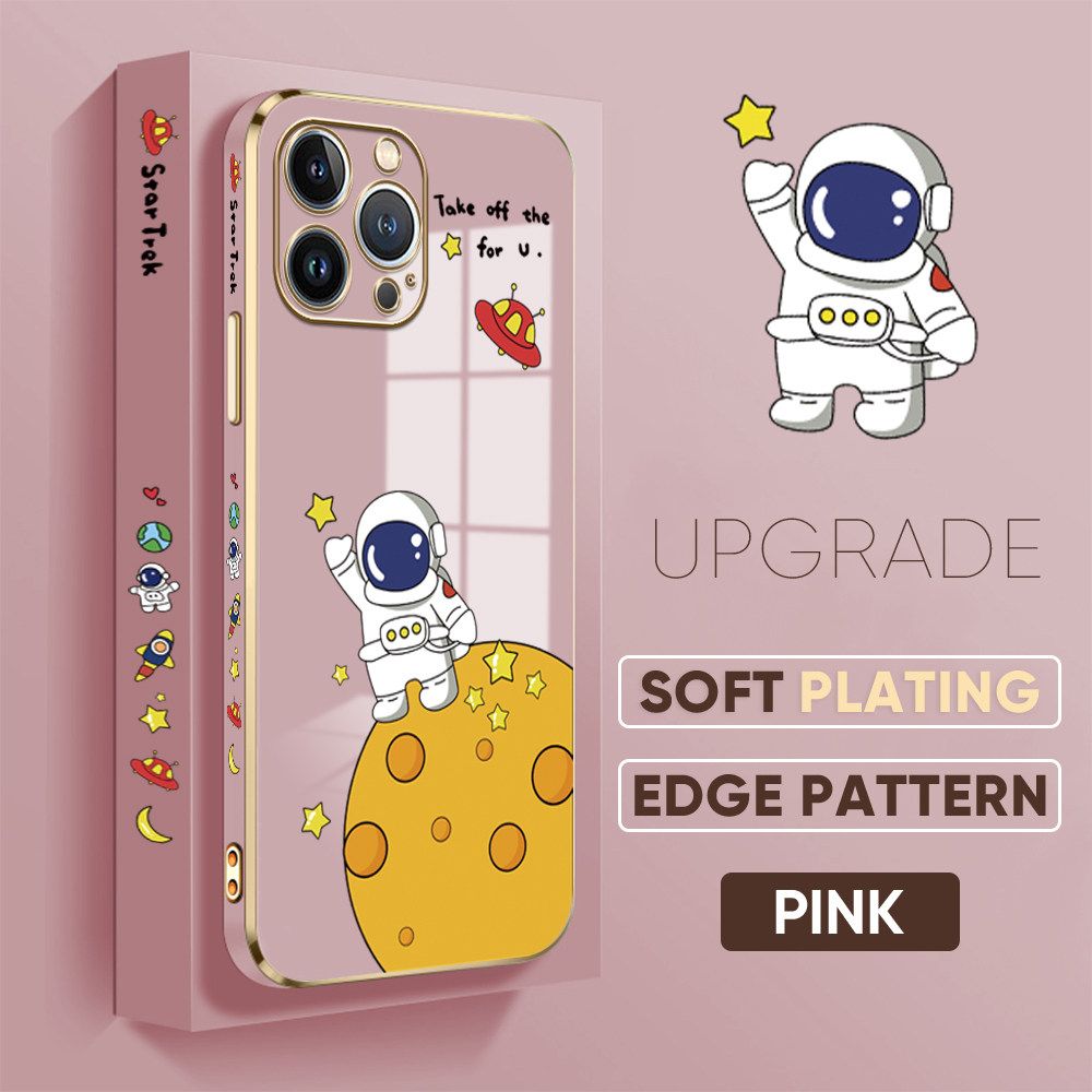 TA for iPhone 13 Pro Back Cover + Free Lanyard Planet Astronaut Luxury 6D Plating Case Side Pattern Soft Silicone Square Phone Cases