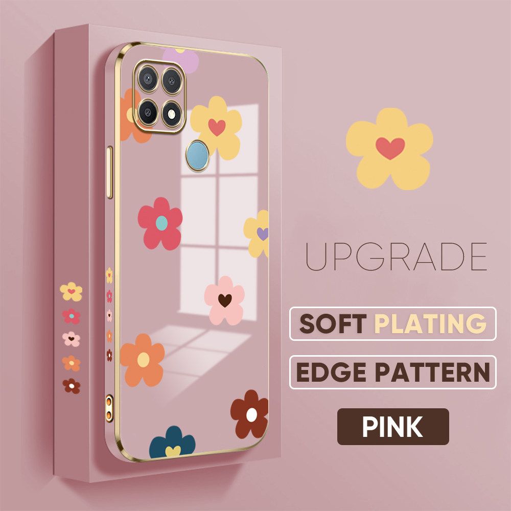 TA for OPPO A15 A15s Back Cover + Free Lanyard Falling Flowers Luxury 6D Plating Case Side Pattern Soft Silicone Square Phone Cases