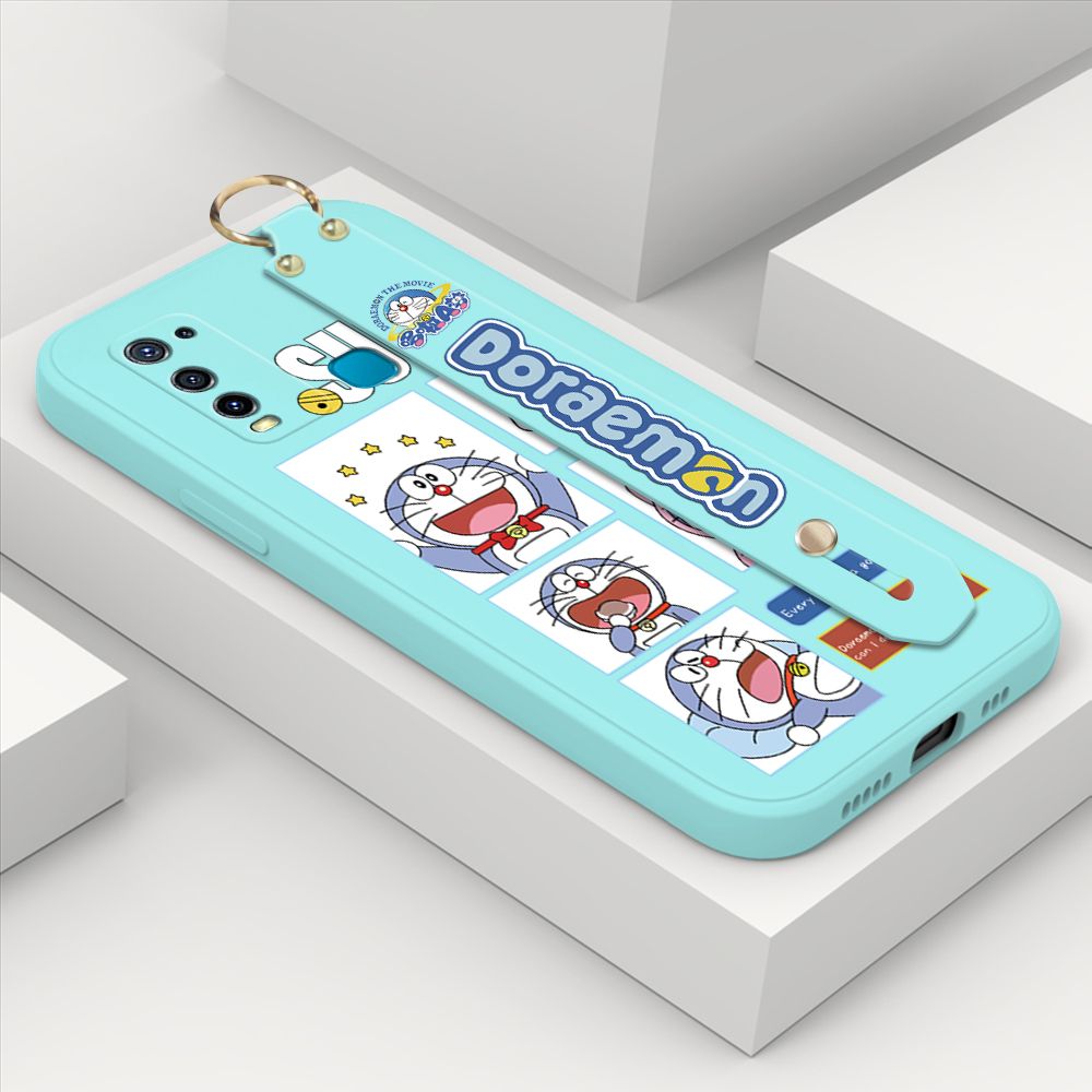 Hontinga for Vivo Y30 Wrist Strap Case Cute Cute Cartoon Blue Cat Daily Life Cover Square Edge Liquid Silicone Creative Phone Protective Cases