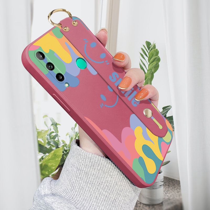 Jizetin for Huawei Y7P Wrist Strap Case Soft Candy Color Splash Ink Cover Ultra Thin Anti Fall Liquid Silicone Phone Case