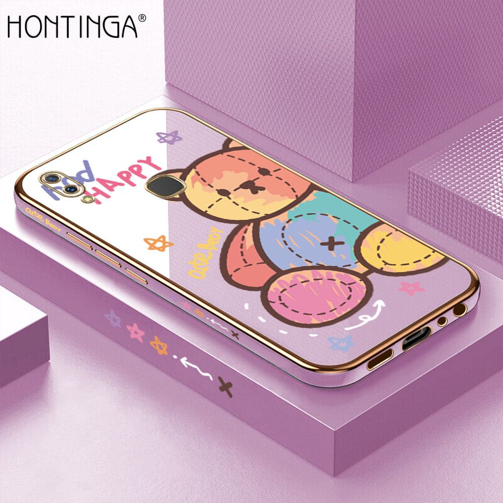 Hontinga for Vivo Y85 Back Cover + Free Lanyard Luxury 6D Plating Alphabet Rainbow Side Pattern Case Soft Silicone Square Mobile Cover