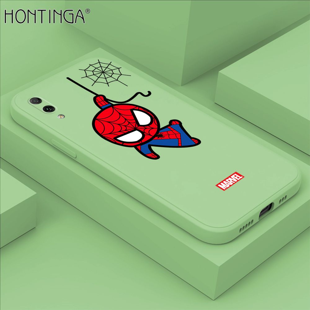 Hontinga for Huawei Y7 Pro 2019 Case Cute Marvel Avengers Cartoon Spiderman Spider Man Phone Case Square Edge Silicone Cases Full Lens Cover Shockproof Protection Case