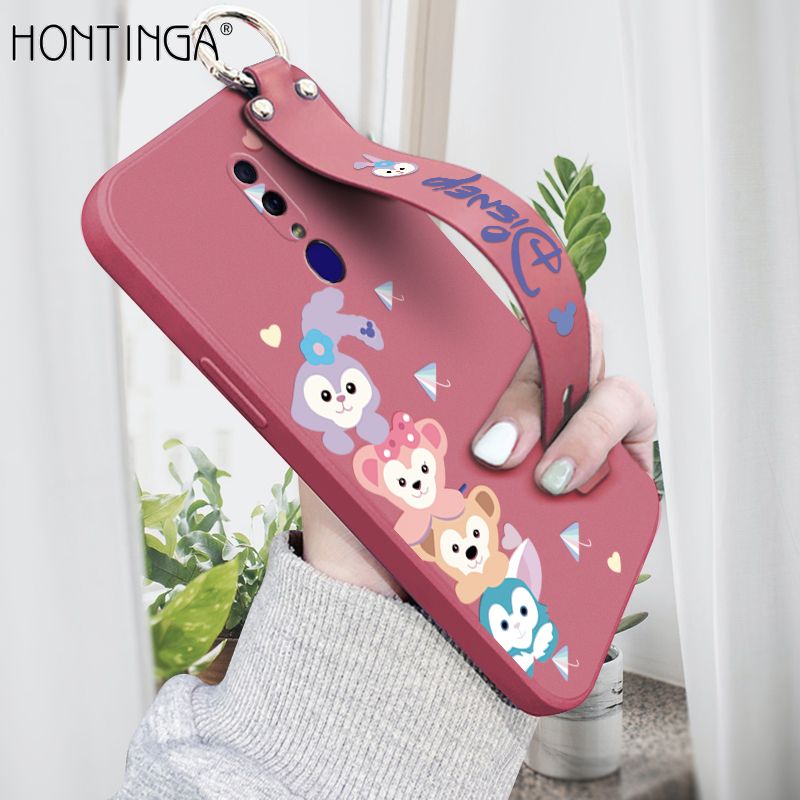 Hontinga for OPPO F11 Wrist Strap Case INS Cute Style Creative Cartoon Rabbit and Fox Cover Thin Square Edge Liquid Silicone Phone Case