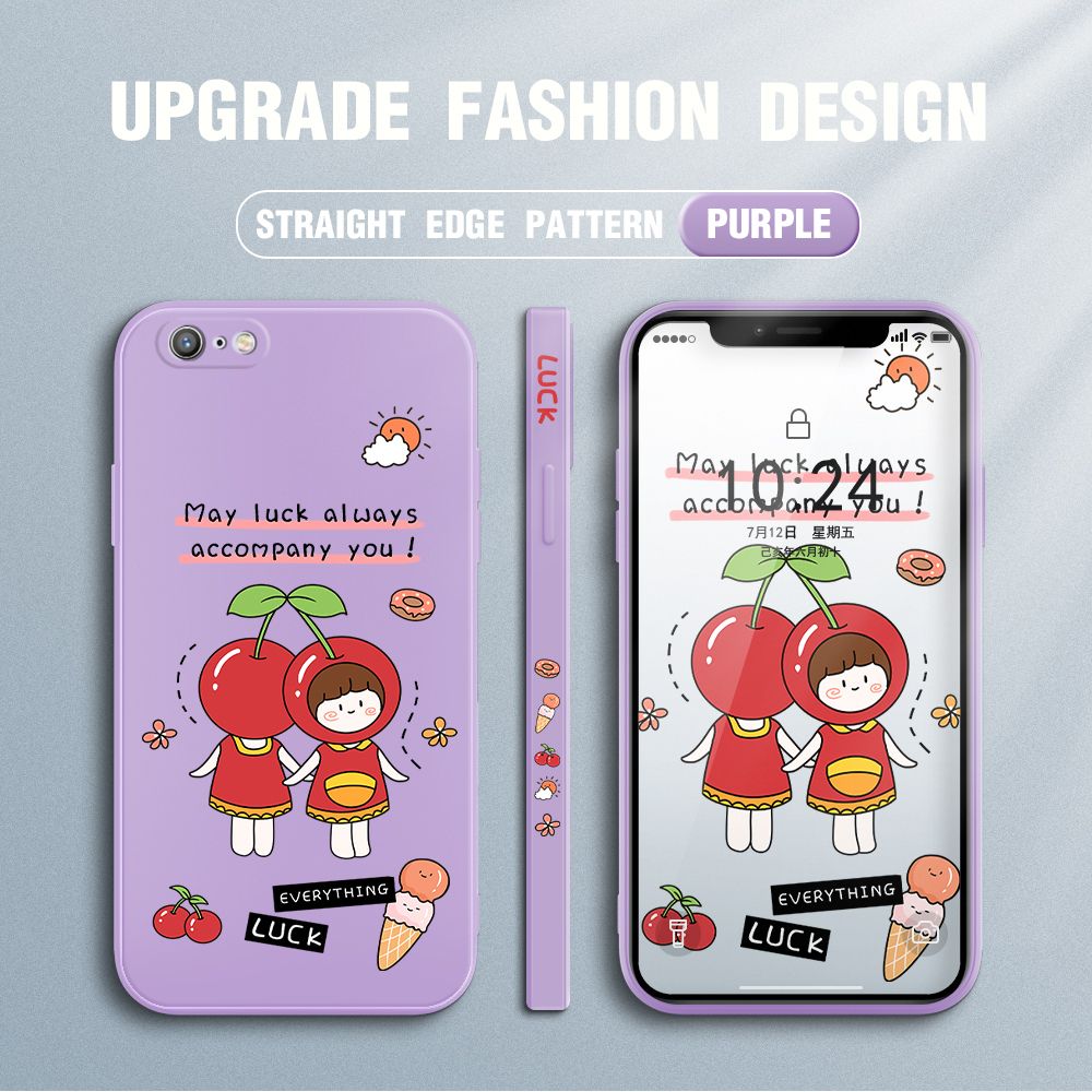 Jizetin for iPhone 6s Plus / iPhone 6 Plus Case Fashion Cherry Girl Design Side Design Phone Case Square Edge Pattern Liquid Silicone Cases Full Cover Camera Shockproof Protective Case