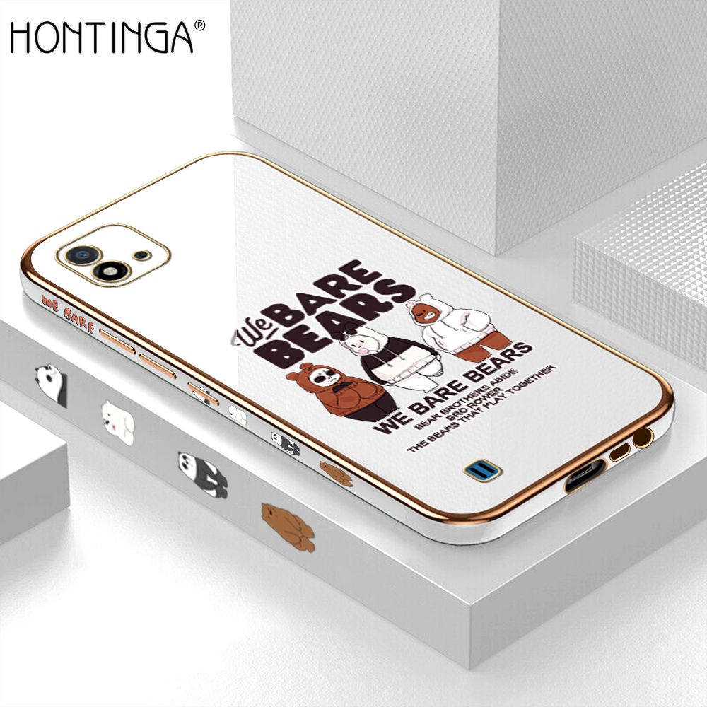 Hontinga for Realme C20 / C20A / C11 2021 Back Cover + Free Lanyard Luxury 6D Plating Cute Three Bears Side Pattern Case Soft Silicone Square Mobile Cover