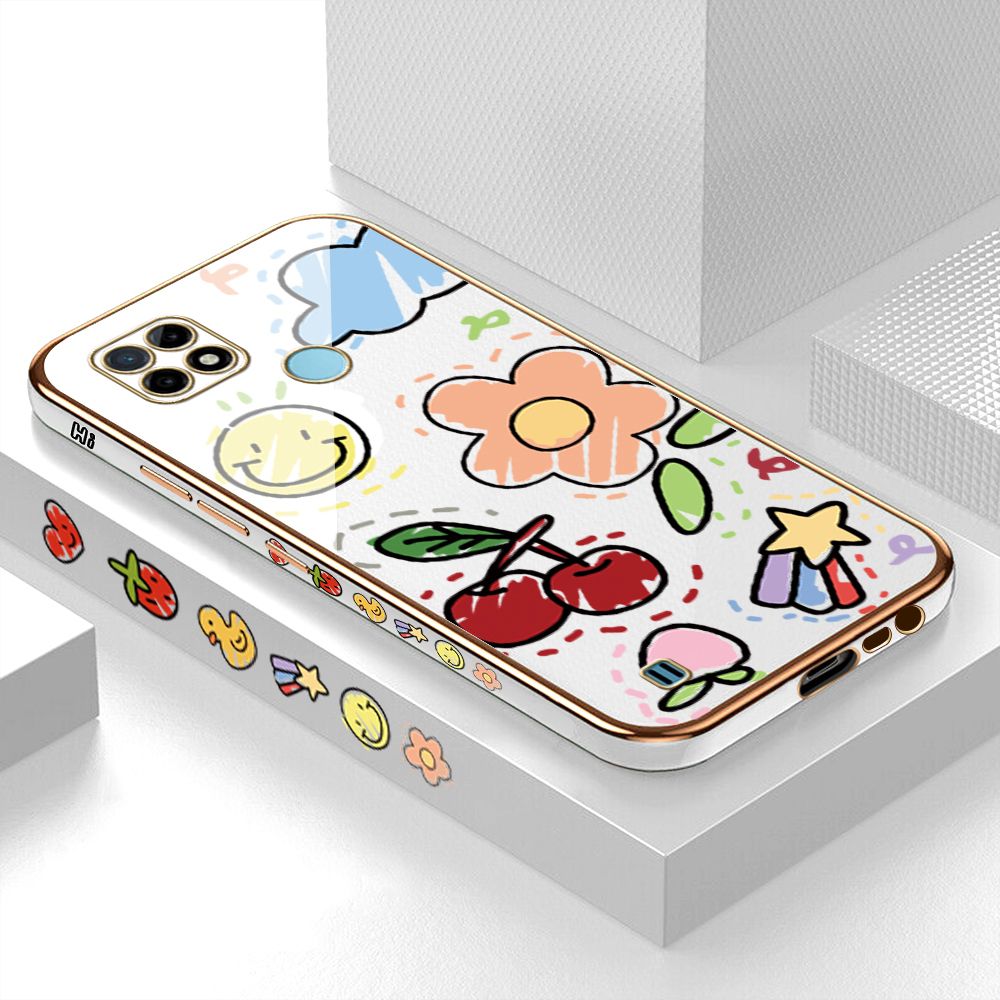 Luxury 6D Plating Case for Realme C25Y Color Cartoon cherry Peach Side Pattern Back Cover Soft Silicone Square Frame Shiny Bling Phone Cases + Free Lanyard