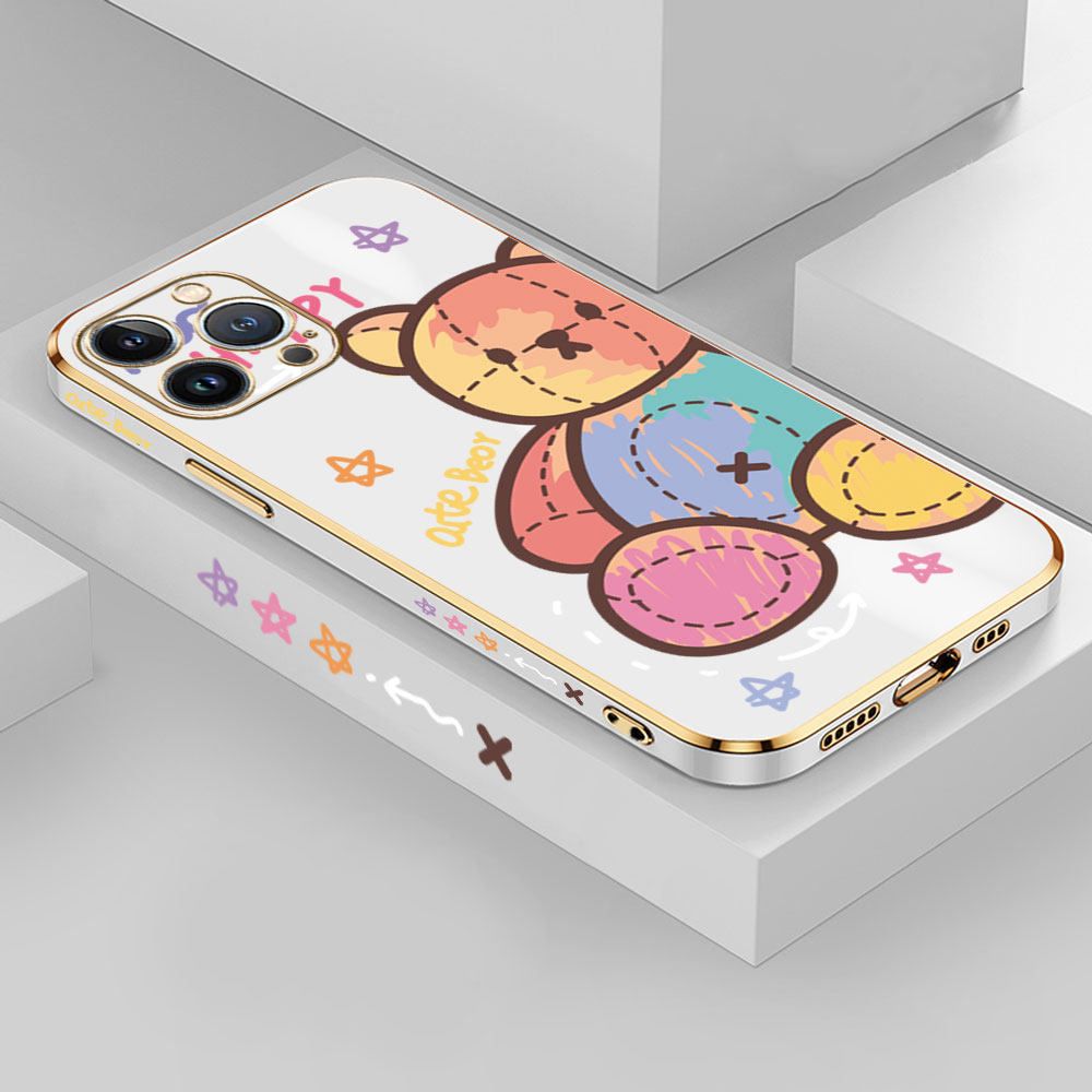 Jizetin (Free Lanyard) iPhone 13 Pro Case Color Doll Bear Luxury 6D Plating Soft Casing Silicone Ultra Thin Phone Cover