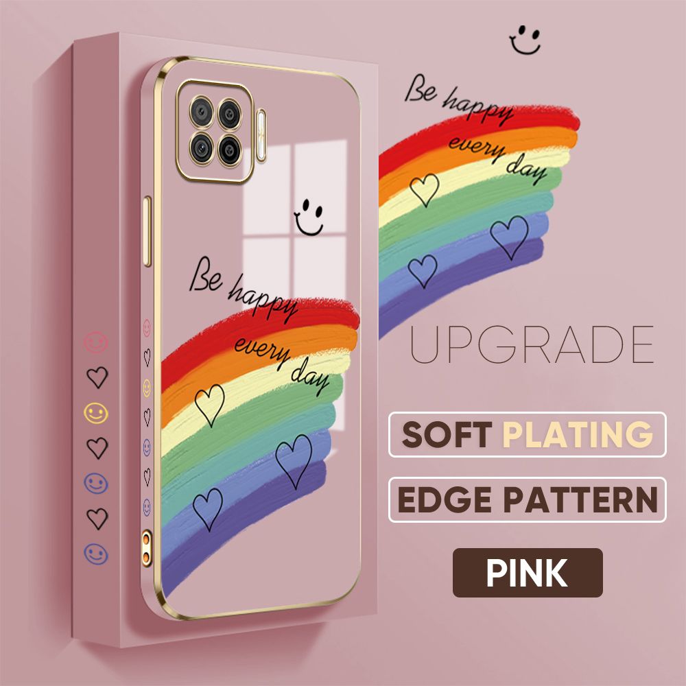 TA for OPPO F17 A73 2020 Back Cover + Free Lanyard Rainbow Doodle Luxury 6D Plating Case Side Pattern Soft Silicone Square Phone Cases