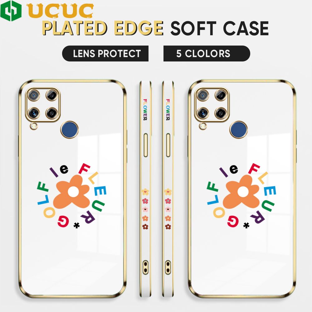 UCUC for Realme C15 / Realme C15 Qualcomm Edition Back Cover + Free Lanyard Colorful Flower Luxury 6D Plating Case Side Pattern Soft Silicone Square Phone Cases