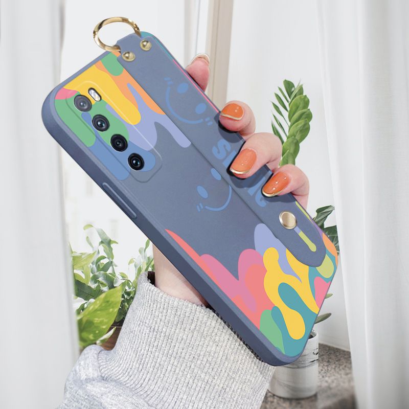 Jizetin for Huawei Nova 7 Wrist Strap Case Soft Candy Color Splash Ink Cover Ultra Thin Anti Fall Liquid Silicone Phone Case
