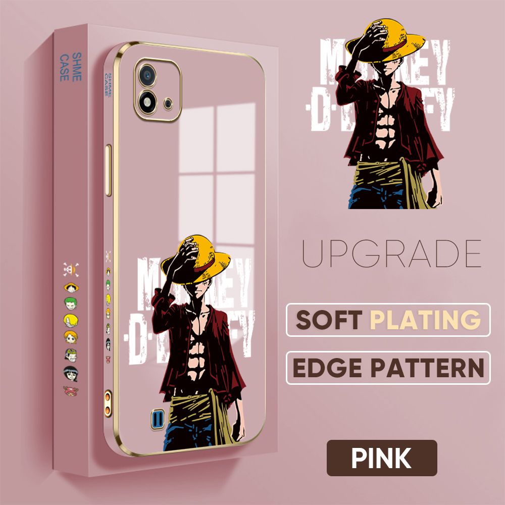 TA for Realme C20A / Realme C20 / Realme C11 2021 Back Cover + Free Lanyard Handsome Luffy Luxury 6D Plating Case Side Pattern Soft Silicone Square Phone Cases