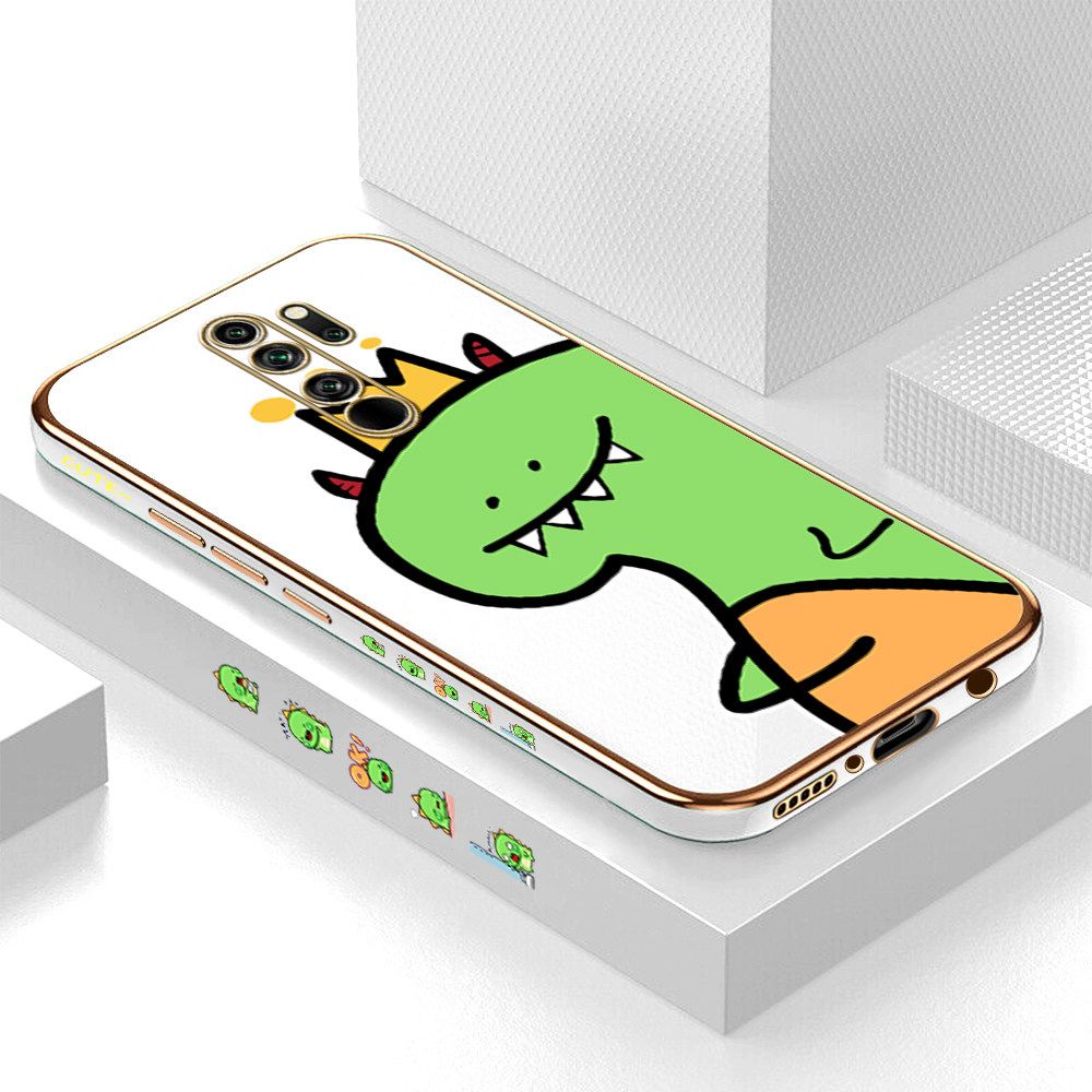 Luxury 6D Plating Case for Redmi Note 8 Pro Cute Little Dinosaur Side Pattern Back Cover Soft Silicone Square Frame Shiny Bling Phone Cases + Free Lanyard